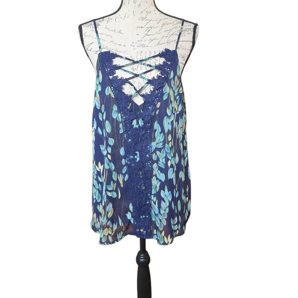 Blu Heaven Women's Size Large Navy Green Leaf Print Cross Front Tank Blouse